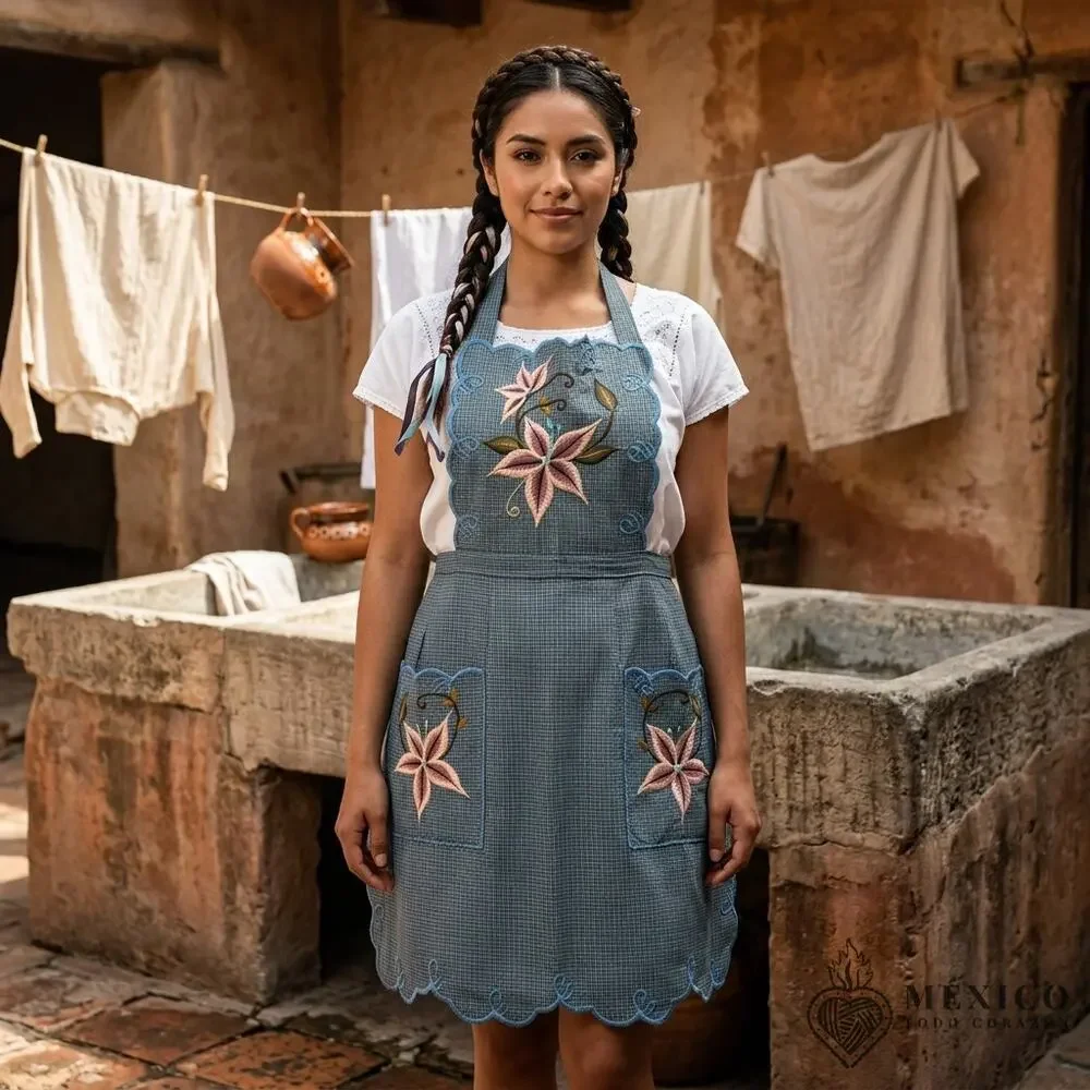 Mexican Embroidered Bib Apron for Women – Multicolor with Floral Design